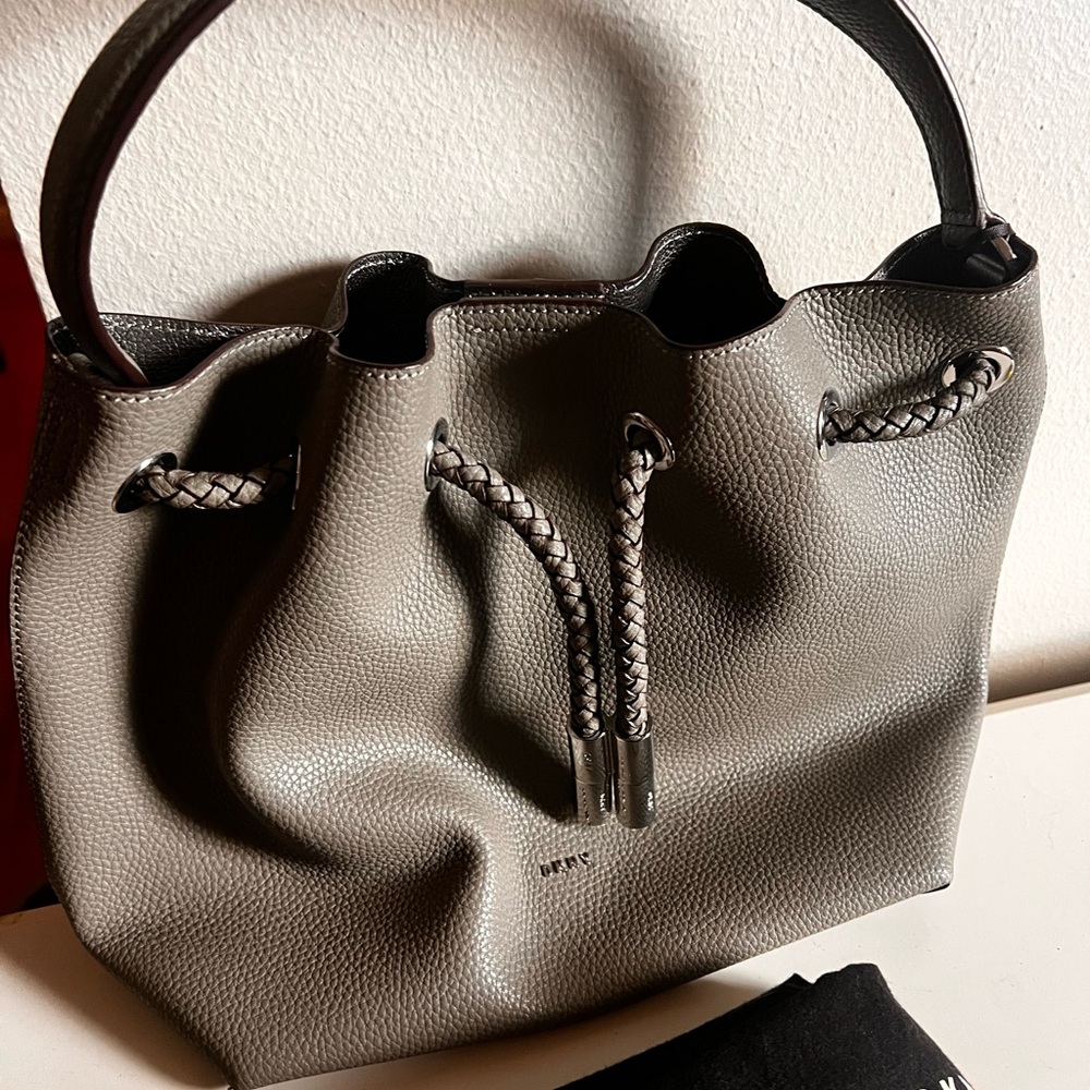 Elegant Gray Leather Bucket Bag